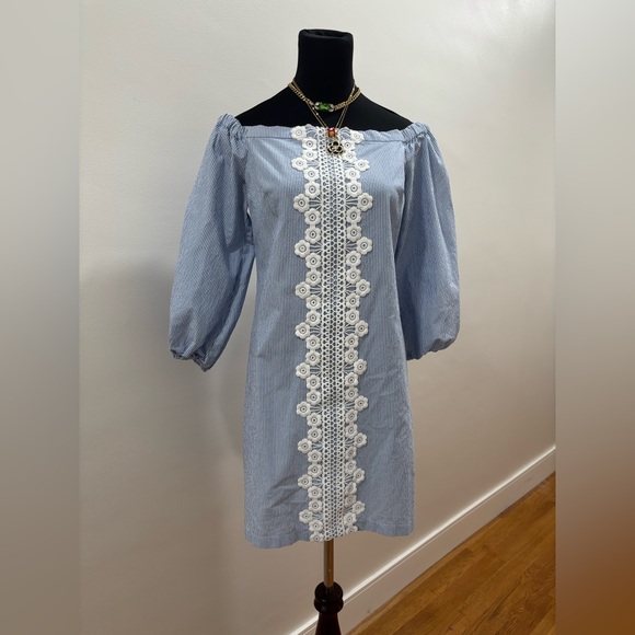Eliza J Dresses & Skirts - 532. Eliza J Blue and White Striped Off-Shoulder Mini Dress with Crochet Trim
